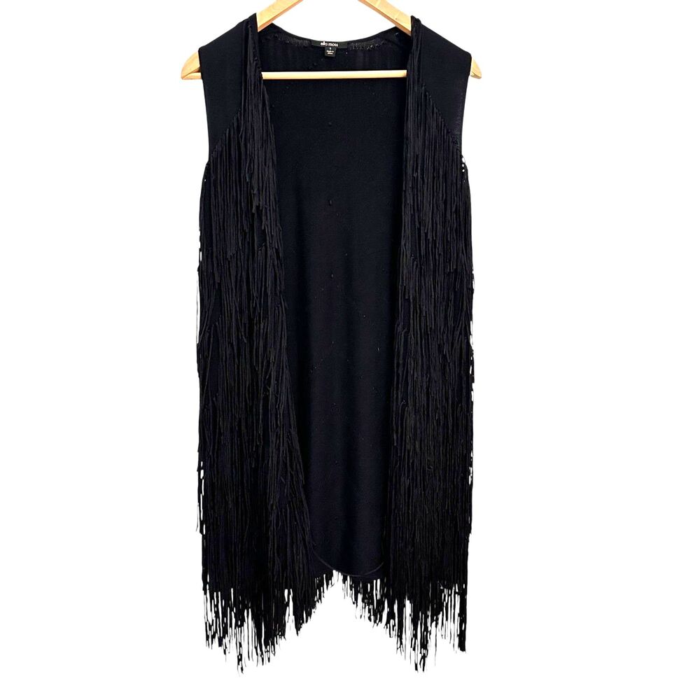Ella Moss Black Fringe Viscose Cashmere Blend Long Sleeveless Vest Size S NWOT‎